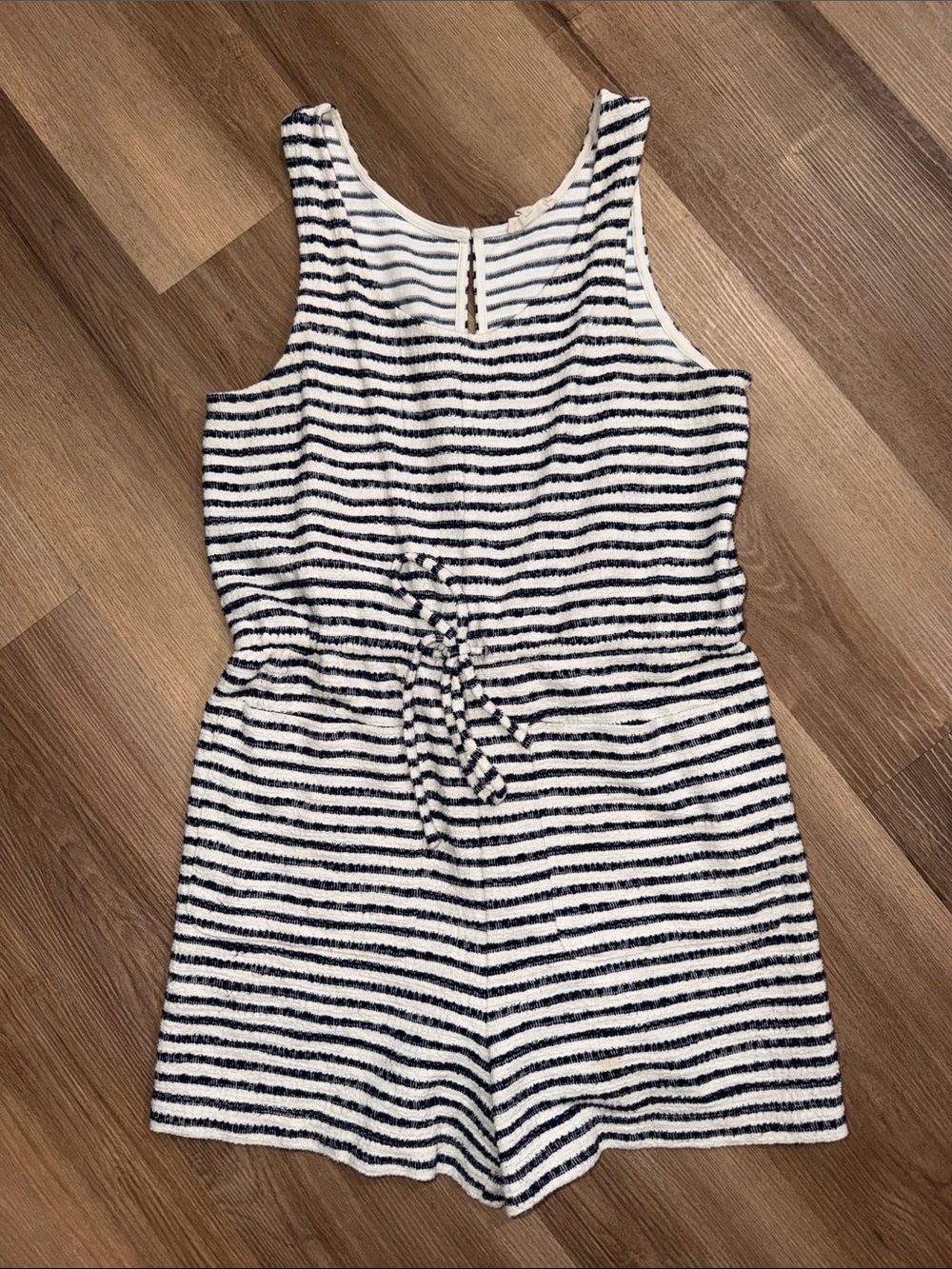 Madewell Striped Navy Blue Cream Striped Romper Drawstring Waist Pockets Medium